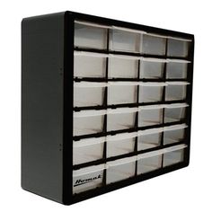 a black and white storage cabinet with many bins on the bottom shelf for storing items