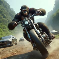 a gorilla riding on the back of a motorcycle next to a car in need of speed