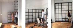 three different shots of people climbing up and down metal ladders in a room with wood floors