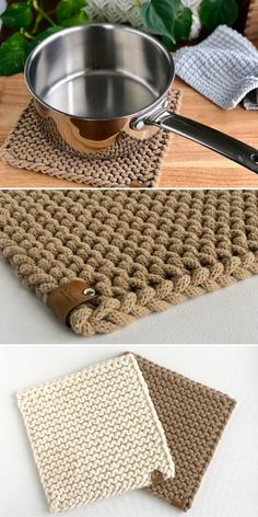 crocheted placemats and potholders are shown in three different photos, one is