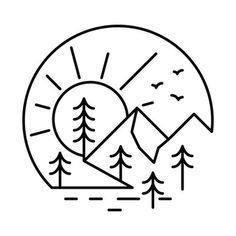 the sun and trees are shown in this black and white illustration, which is part of a