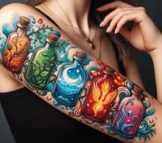 a woman's arm with colorful tattoos on it and bottles in the shape of fireflies