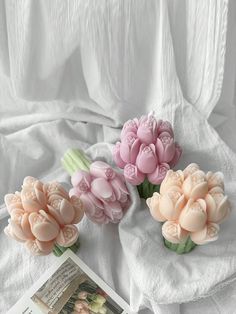 three pink flowers sitting on top of a white sheet