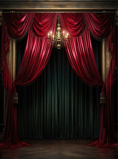 an empty stage with red curtains and chandelier