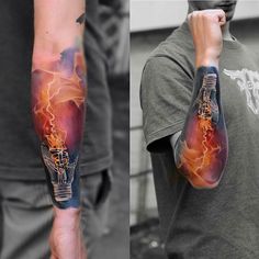 the arm is covered in tattoos and has lightning coming out of it, as well as an image of a man's hand