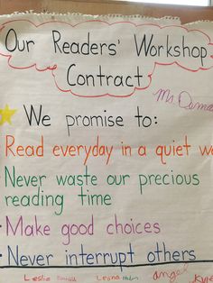 a sign with writing on it that says our readers'workshop contact we promote to read everyday in a quiet way