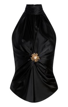 Experience luxury and elegance with our Rachel Top. Made from silk, this halter top boasts a sleeveless design and features a keyhole and brooch detail. Perfect for a night out, its black color adds sophistication to any outfit. Indulge in comfort and style with the Rachel Top. Details Zipper closureFabric: SilkHalter silhouetteKey hole detailSleeveless Content and Care 100% SilkDry CleanImported Measurements 22.75in/57.79cm from necklineMeasurements from size S Flattering Tops For Small Bust, Designer Party Tops, Emerald Clothes, Elegant Tops And Blouses, Top Silhouettes, Black Backless Top, Silk Blouse Outfit, Shoulder Pad Top, Black Top Outfit