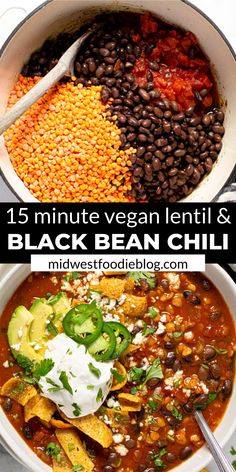 black bean chili in a white bowl with spoons