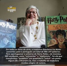 an older woman sitting in front of harry potter books