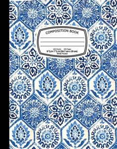 a blue and white book with an ornate pattern on the cover, which reads composition book