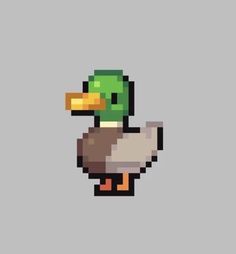 a pixellated image of a duck with an orange beak and green head, standing in front of a gray background