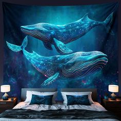 two blue whales swimming in the ocean on a wall tapestry