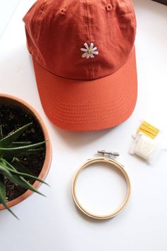 an orange hat sits next to a pair of scissors and a plant in a pot