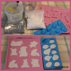 three pictures of different shapes and sizes of cookie molds on a table with plastic bags