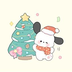 a cartoon christmas tree with a small white dog next to it