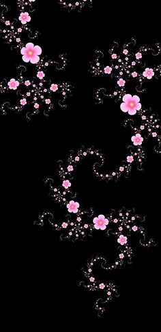 pink flowers on black background with swirls and bubbles in the air, as if they were swirling