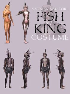 several different types of costumes on display with the words fish me king costume written below