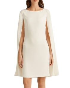 A stylish choice for special occasions, this modern georgette cocktail dress is elevated by a cascading cape, which adds fluid movement to its body-hugging silhouette. Ralph Lauren Cape Dress, Ralph Lauren Outfits Women Casual, Mm2 Outfits, Cape Dress Short, Ralph Lauren Outfits Women, Ralph Lauren White Dress, One Shoulder Cape, Winter Graduation, Dress For Pregnant Women