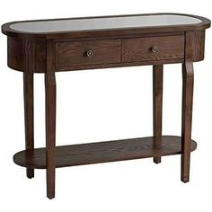 a wooden table with two drawers and a glass shelf on the bottom, against a white background