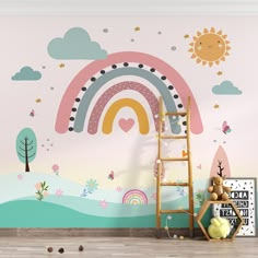 a child's room with a rainbow wall mural and wooden ladder in the foreground