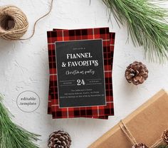 a red and black plaid christmas party card with pine cones, twine spools and twine of twine