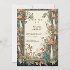 a wedding card with mushrooms and leaves on it, featuring the words'liberty smith is michael andersonson