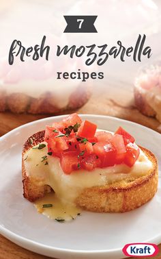 an advertisement for fresh mozzarella sandwiches on a white plate with cheese and tomatoes