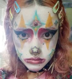 Colourful Halloween Makeup, Face Paint Reference, Alt Clown Costume, Clown Hair Ideas, Funky Clown Makeup, White Face Clown Makeup, Flower Sfx Makeup, Uv Clown Makeup, Clown Makeup Rainbow