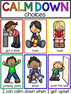 a poster with the words calm down and pictures of children in different colors on it