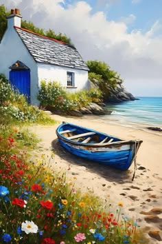 a painting of a boat on the beach next to a white house with blue doors