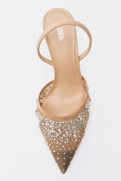 Rhinestone Slingback Pumps For Events, Rhinestone Ankle Strap Slingback Pumps For Gala, Summer Gala Embellished Slingback Pumps, Evening Mesh Slingback Heels, Party Heels With Heel Strap And Mesh Material, Mesh Heels With Heel Strap For Party, Chic Rhinestone Slingback Pumps For Events, Zara Slingback Pumps For Summer Party, Chic Zara Slingback Sandals For Party