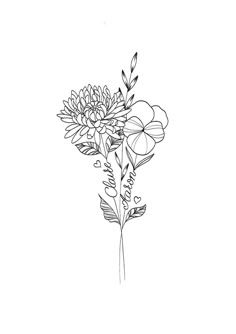 a black and white drawing of flowers on a white background