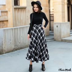 Olivia Mark - Winter Plaid Maxi Skirt: High-waisted, Slim-fit Wool Midi Skirt for Layering Plaid Midi Skirt, Midi Skirt Pattern, High Waisted Maxi Skirt, Winter Plaid, Skirts Midi High Waisted, Black And White Plaid, Black Midi Skirt, Plaid Skirt, Body Con Skirt