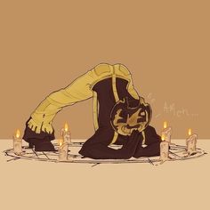 a drawing of a person laying on the ground with candles in front of him and his head down