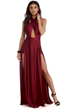 Genevieve Burgundy Double Slit Dress Dress With Two Slits, Gold Prom Dress, Windsor Dresses Prom, Dress Sites, Gold Prom, Maroon Dress, Floor Length Skirt, Prom Gown