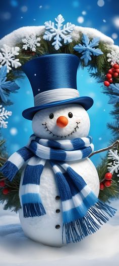 a snowman wearing a blue hat and scarf with a wreath in the foreground