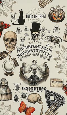 an old fashioned halloween poster with skulls and other items