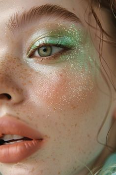 Rusty Makeup Look, Seafoam Green Eyeshadow, Your Eyes Have A Little Green In Them, Green Dramatic Eye Makeup, Dramatic Glitter Eye Makeup, Metallic Green Eyeshadow, Unique Face Makeup, Green Hair Makeup Ideas, Glitter Fantasy Makeup