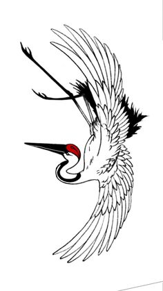 a drawing of a crane flying in the air with its wings spread out and it's beak open