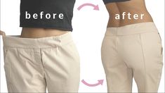 before and after photos of woman's pants showing the waist, thighs and hips