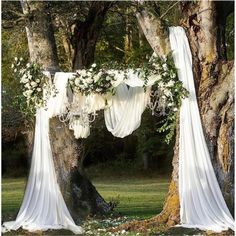 an outdoor wedding ceremony with white drapes and flowers on the tree branches, draped in fabric