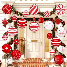 red and white christmas ornaments hanging from the front door