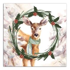 a painting of a deer wearing a scarf and holding a wreath with holly berries on it