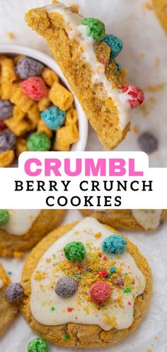 two pictures with the words crumbl berry crunch cookies in front of them and on top