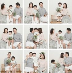 the family is posing for pictures together on the bench with their baby and flower bouquets