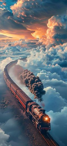 a train is traveling through the clouds