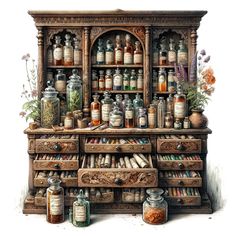 an old dresser with jars and spices on it