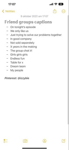 an iphone screen with the text friend groups captions in yellow and black on it