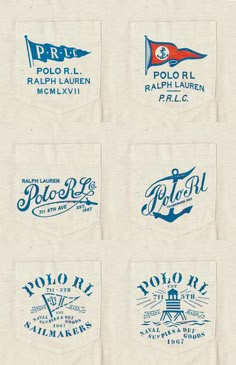 six different logos are shown in blue and white on the linen material that is used to make t - shirts