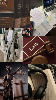 a collage of law related images including books, a judge's gavel and a laptop